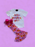 (Custom Design Preorder MOQ 5) Pumpkin Top Flowers Bell Pants Girls Fall Outfits