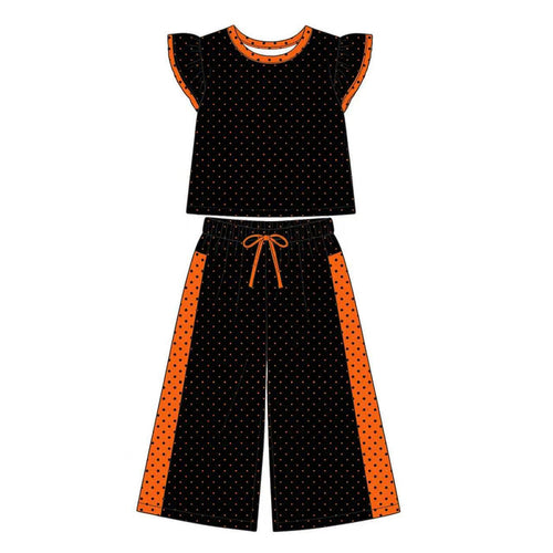 (Custom Design Preorder MOQ 5) Teams Black Orange Top Dots Straight Pants Girls Clothes Set