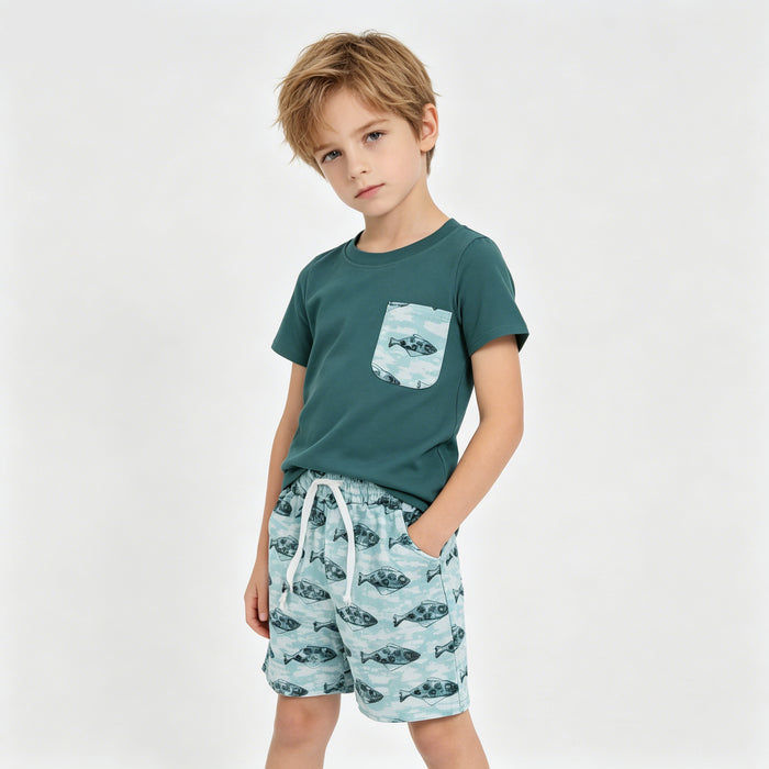 Dark Green Pocket Top Fish Camo Shorts Set - Boys Summer