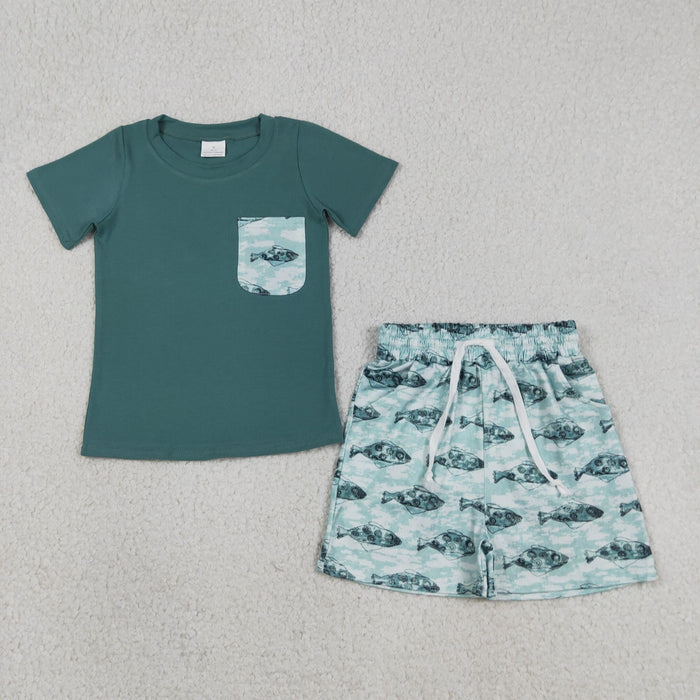 Dark Green Pocket Top Fish Camo Shorts Set - Boys Summer