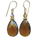 Brown glass earrings with light smoke topaz crystal top beads. Handmade in the USA. Gold trim.