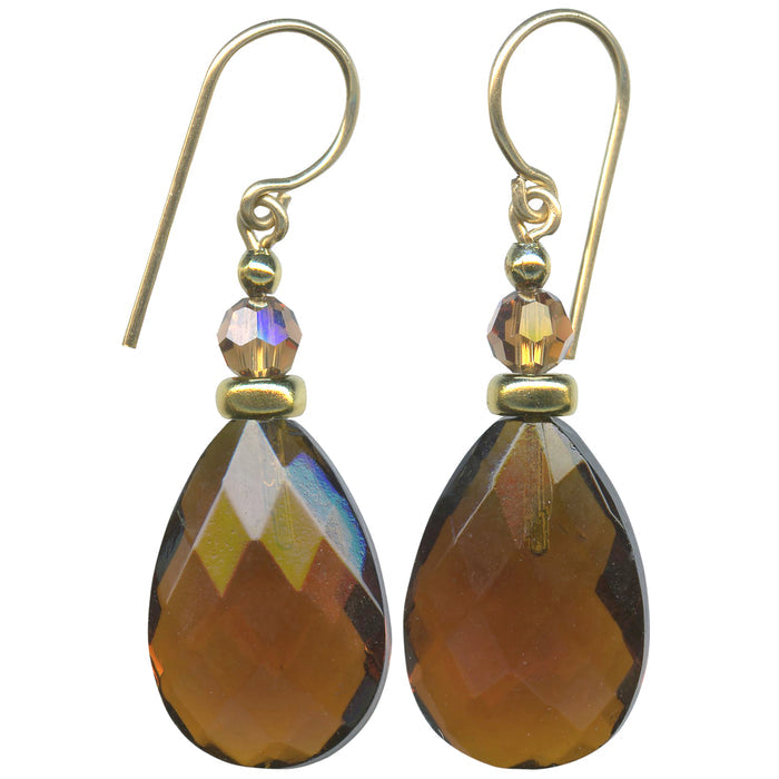 Brown glass earrings with light smoke topaz crystal top beads. Handmade in the USA. Gold trim.