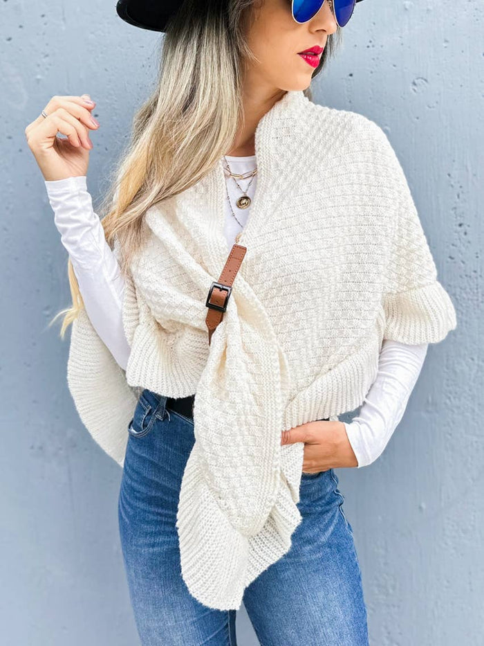 Elegant Ivory Triangle Ruffle Shawl with Faux Leather Belt