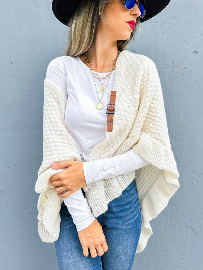 Elegant Ivory Triangle Ruffle Shawl with Faux Leather Belt