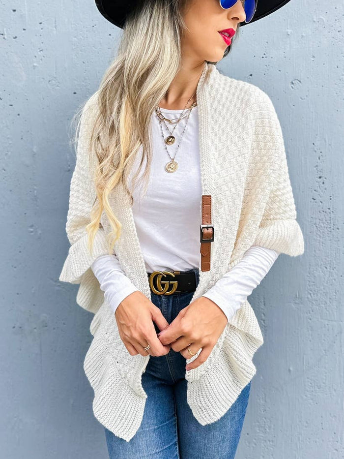 Elegant Ivory Triangle Ruffle Shawl with Faux Leather Belt