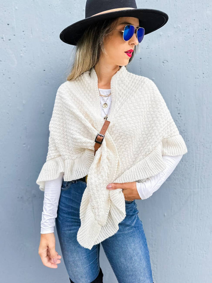 Elegant Ivory Triangle Ruffle Shawl with Faux Leather Belt