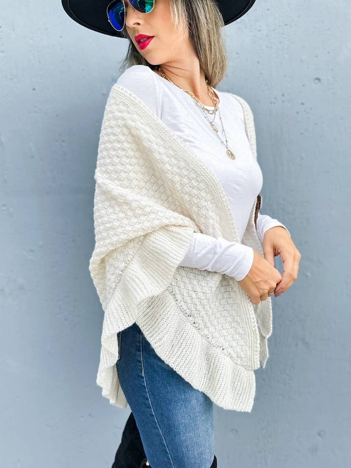 Elegant Ivory Triangle Ruffle Shawl with Faux Leather Belt