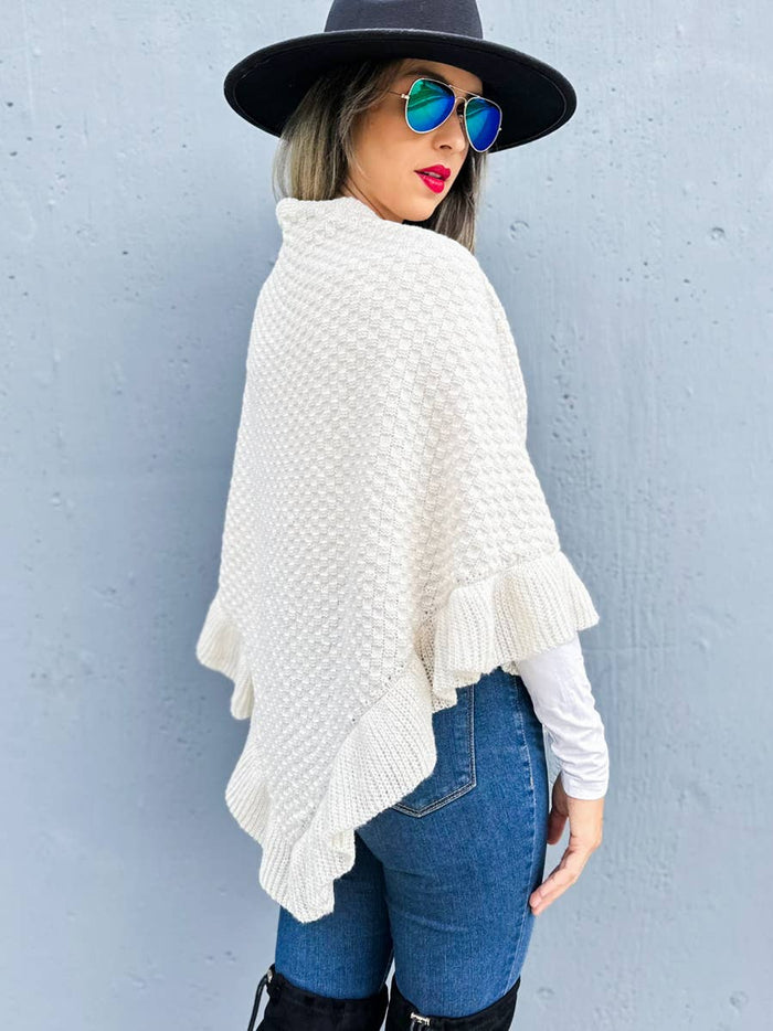 Elegant Ivory Triangle Ruffle Shawl with Faux Leather Belt