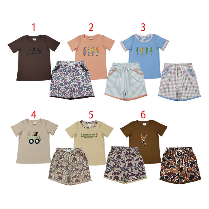 Embroidery Country Boy Boots Top Camo Pockets Shorts Western Clothes Sets