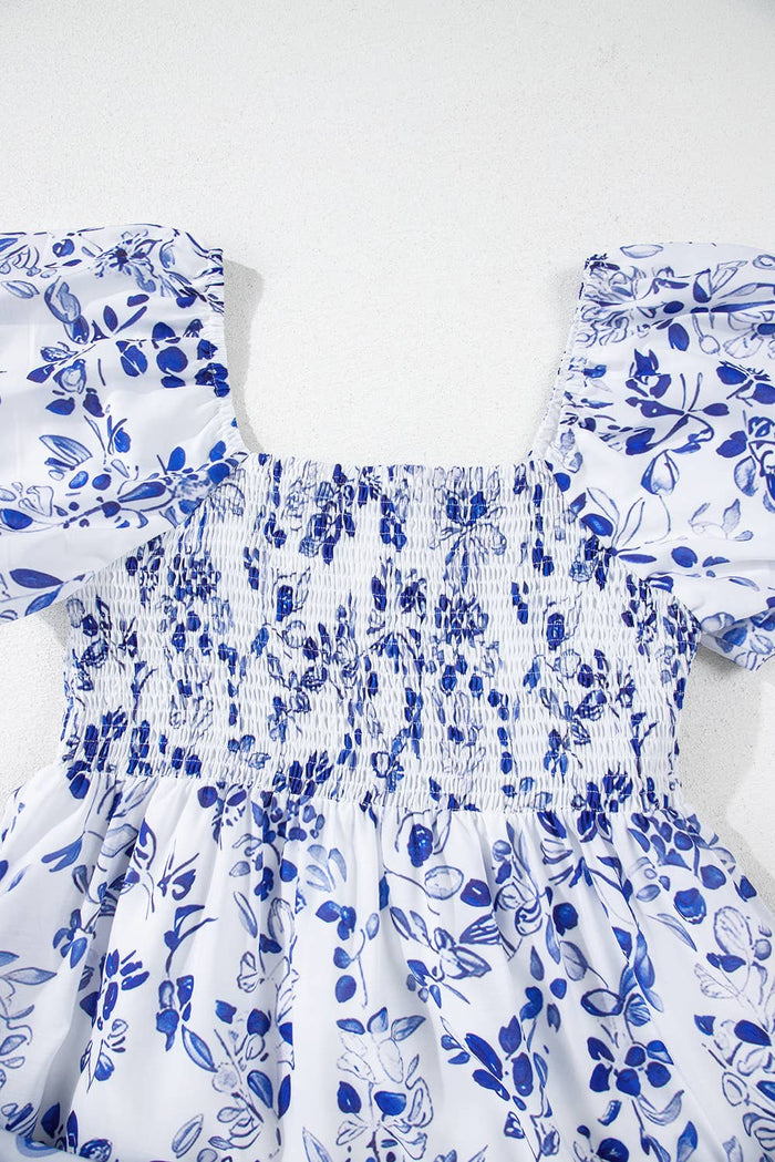 Floral Print Square Neck Bubble Sleeve High Waist Maxi Dress