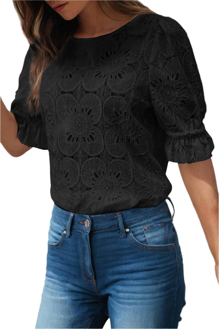 Flower Jacquard Keyhole Flounce Sleeve Top
