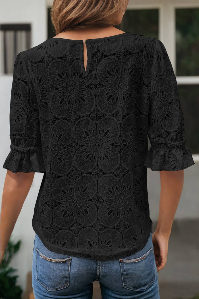 Flower Jacquard Keyhole Flounce Sleeve Top