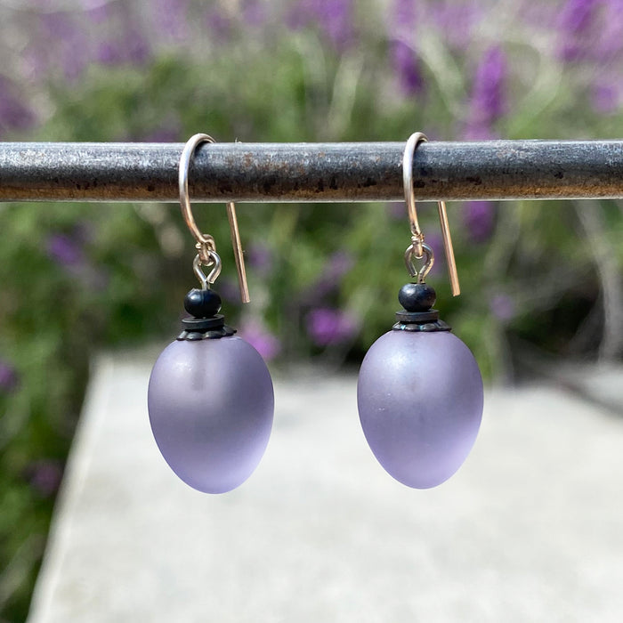 Frosted light amethyst German glass dangle earrings with berry-shaped design from Owen Glass Collection.