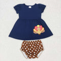 GBO0183 Turkey Embroidery Navy Tunic Top Dots Shorts Baby Girls Thanksgiving Bummie Set