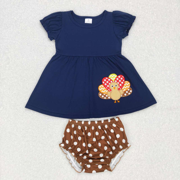 GBO0183 Turkey Embroidery Navy Tunic Top Dots Shorts Baby Girls Thanksgiving Bummie Set