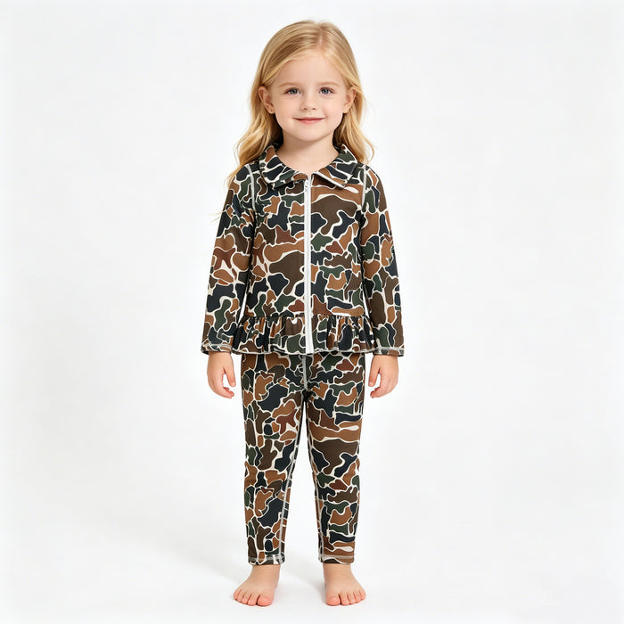 Girls Camo Ruffle Zip Up Long Sleeve Top & Leggings Set, Kids 2 Piece Camouflage Activewear Outfit,