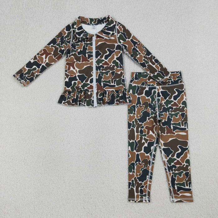 Girls Camo Ruffle Zip Up Long Sleeve Top & Leggings Set, Kids 2 Piece Camouflage Activewear Outfit,