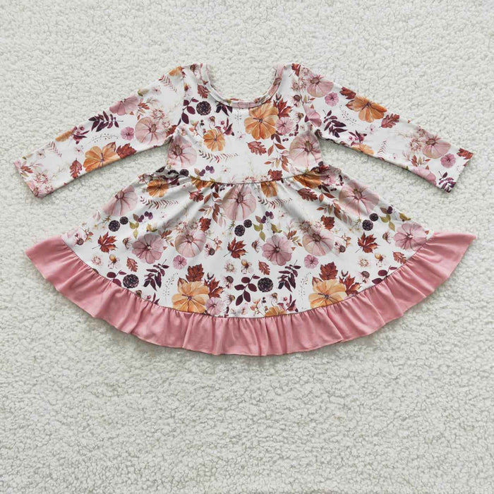 GLD0212 Pumpkin Flowers Girls Fall Knee Length Dress