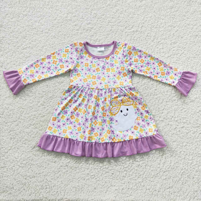 GLD0220 Ghost Embroidery Flowers Girls Halloween Knee Length Dress