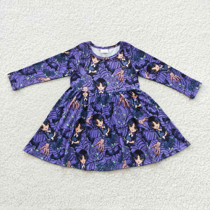 GLD0229 Film Characters Wednesday Web Flowers Print Girls Halloween Knee Length Dress