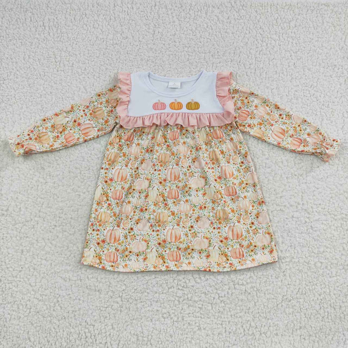 GLD0238 Pumpkin Embroidery Flowers Print Girls Fall Knee Length Dress