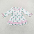 GLD0740 Tree Bows Print Girls Christmas Knee Length Dress