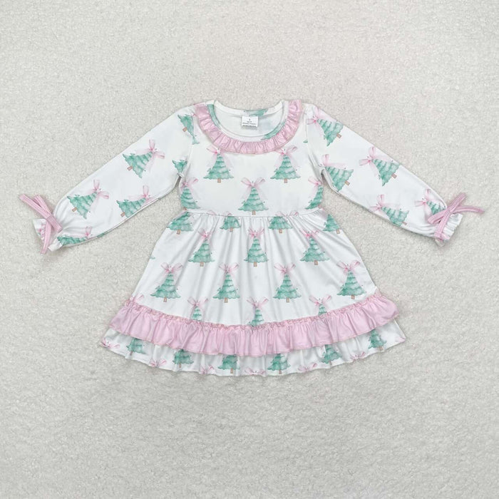 GLD0740 Tree Bows Print Girls Christmas Knee Length Dress