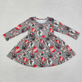 GLD0905 Green Frog Candy Cane Stars Print Girls Christmas Knee Length Dress