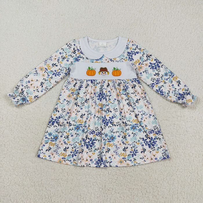 GLD1071 Pumpkin Embroidery Flowers Girls Doll Collar Knee Length Dress
