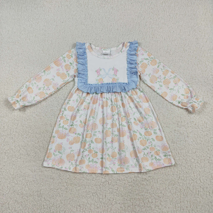 GLD1084 Pumpkin Flowers Print Girls Long Sleeve Knee Length Dress
