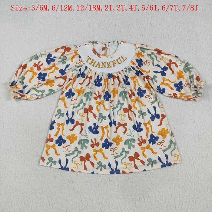 GLD1086 Thankful Embroidery Colorful Bows Girls Thanksgiving Knee Length Smocked Dress