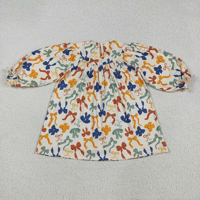GLD1086 Thankful Embroidery Colorful Bows Girls Thanksgiving Knee Length Smocked Dress