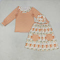 GLD1110 Stripe Top Strap Pockets Knee Length Dress Girls Fall 2 pcs Clothes Set