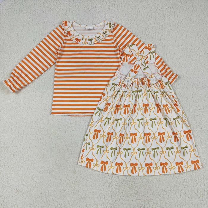 GLD1110 Stripe Top Strap Pockets Knee Length Dress Girls Fall 2 pcs Clothes Set