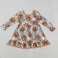 GLD1258 Pumpkin Smiling Web Candy Print Girls Halloween Knee Length Dress
