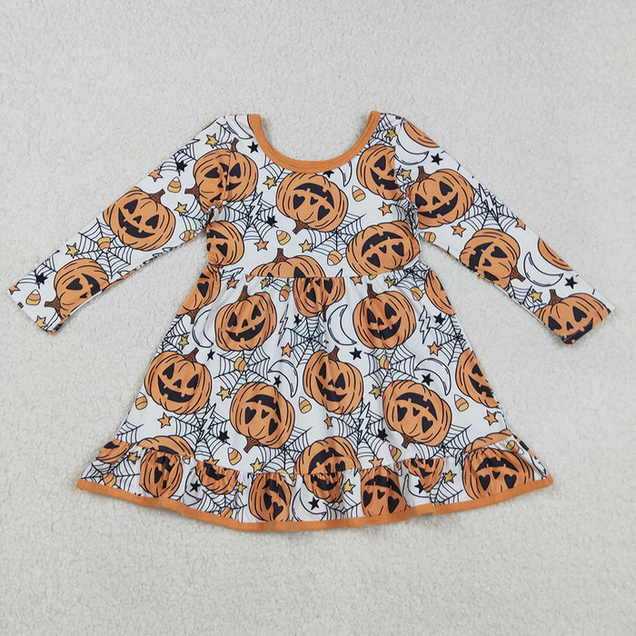 GLD1258 Pumpkin Smiling Web Candy Print Girls Halloween Knee Length Dress