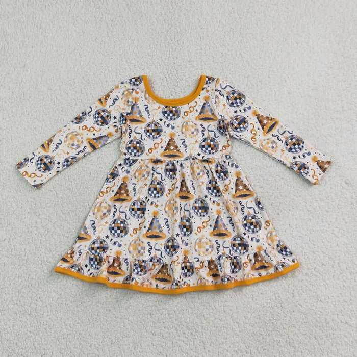 GLD1723 Disco Ball Stars Girls Happy New Year Party Long Sleeve Dress