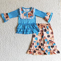 GLP0126 Blue Dots Ruffle Top Pumpkin Bell Pants Girls Fall Clothes Set