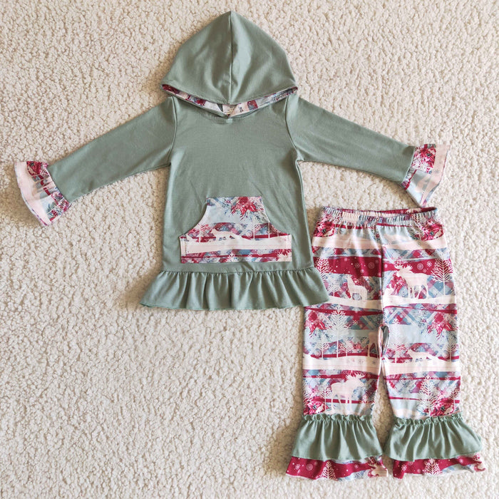 GLP0276 Moose Pocket Hoodie Top Ruffle Pants Girls Christmas Clothes Set