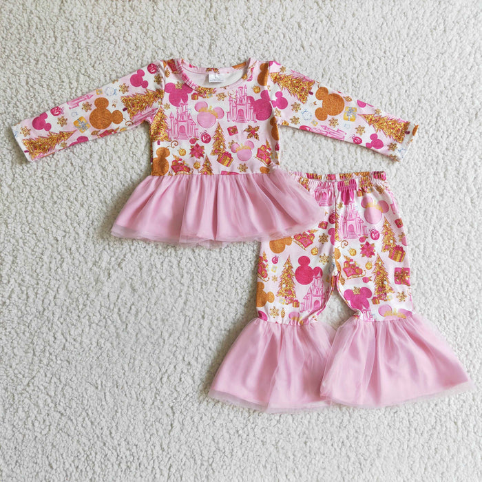 GLP0300 Cartoon Mouse Pink Print Bell Pants Girls Christmas Tulle Clothes Set