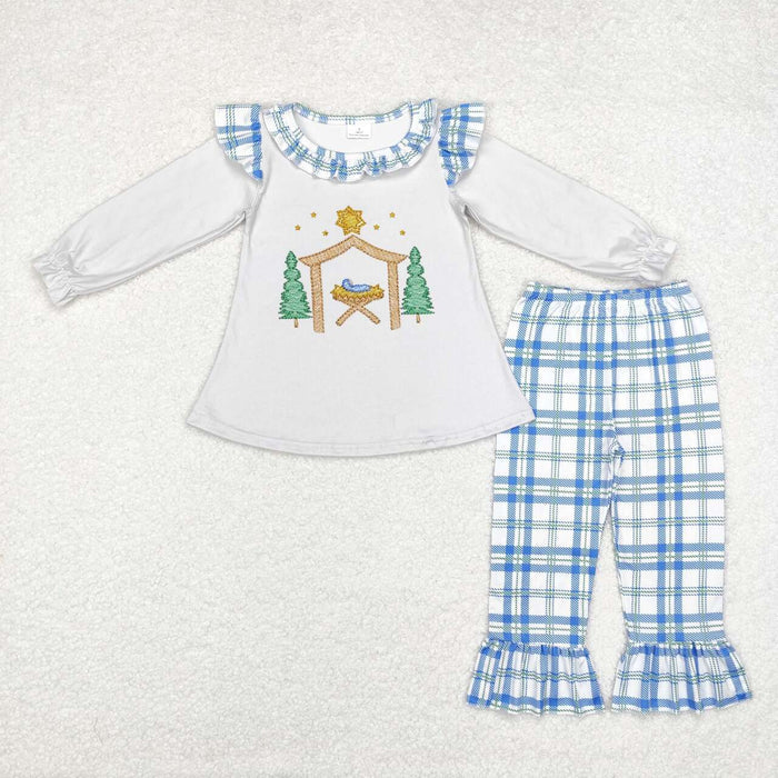 GLP1381 Nativity Top Checkered Pants Girls Christmas Clothes Set