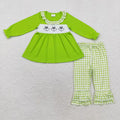 GLP1399 Green Smiling Green Tunic Top Checkered Pants Girls Christmas Clothes Set