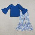GLP3037 Blue Top Gingerbread Santa Boots Bell Pants Girls Christmas Clothes Set