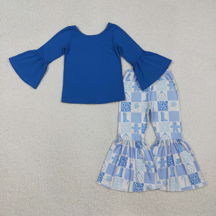GLP3037 Blue Top Gingerbread Santa Boots Bell Pants Girls Christmas Clothes Set