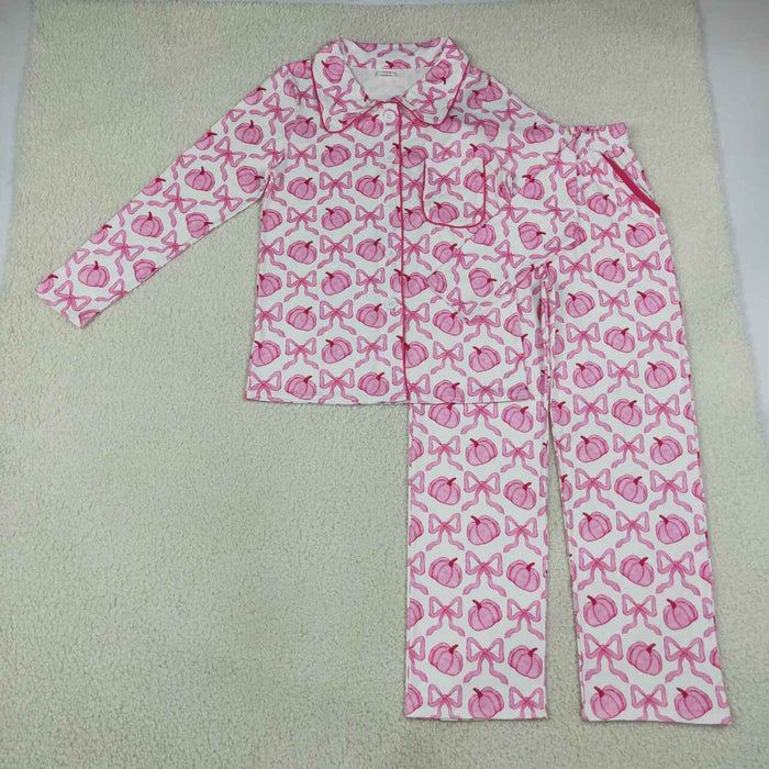 GLP3423 Pumpkin Bows Pink Print Woman Fall Buttons Pajamas Clothes Set