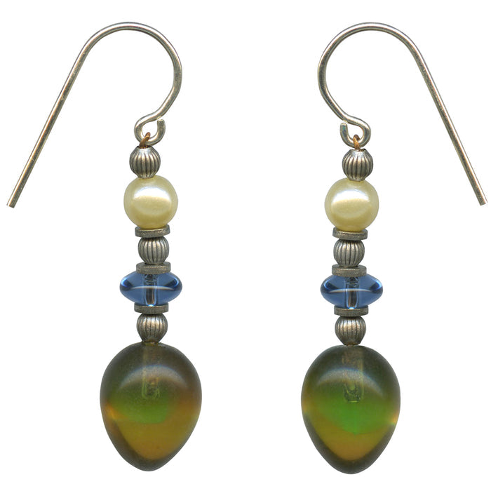 Green and smoke topaz German glass drop earrings from Owen Glass Collection featuring watercolor-style glass drops.