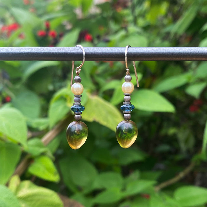 Green and smoke topaz German glass drop earrings from Owen Glass Collection featuring watercolor-inspired design.