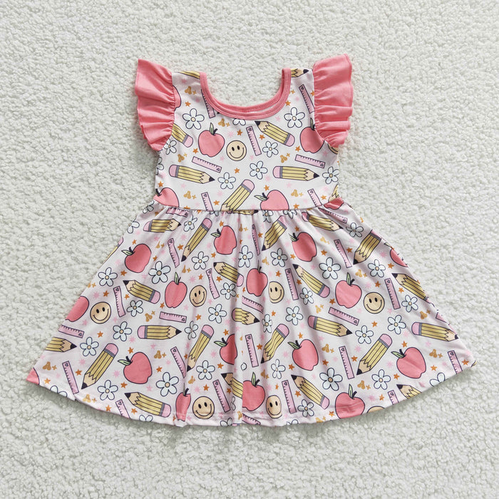 GSD0406 Pen Apple Smiling Flowers Girls Flutter Sleeve Back to School Dress