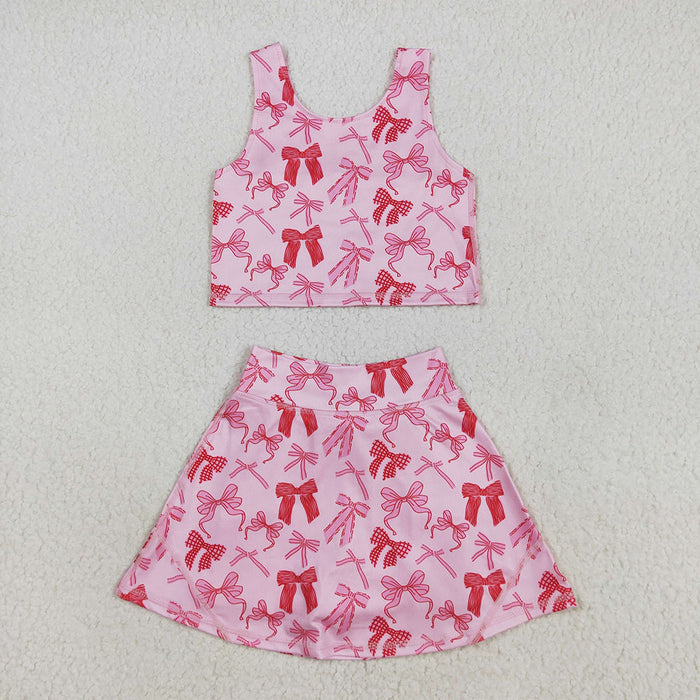 GSD2459 Pink Bows Tank Top Skirts Shorts Girls Yoga Clothes Set