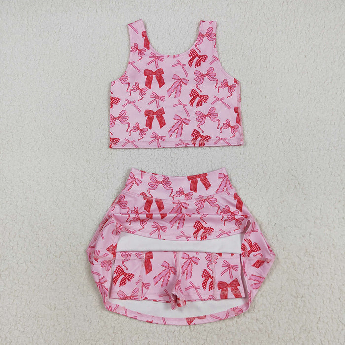 GSD2459 Pink Bows Tank Top Skirts Shorts Girls Yoga Clothes Set